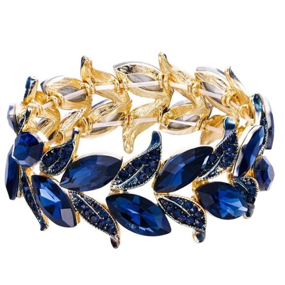 Yellow Gold and Blue Sapphire Austrian Crystal Leaf Stetchable Bracelet Bangle - Picture 1 of 5